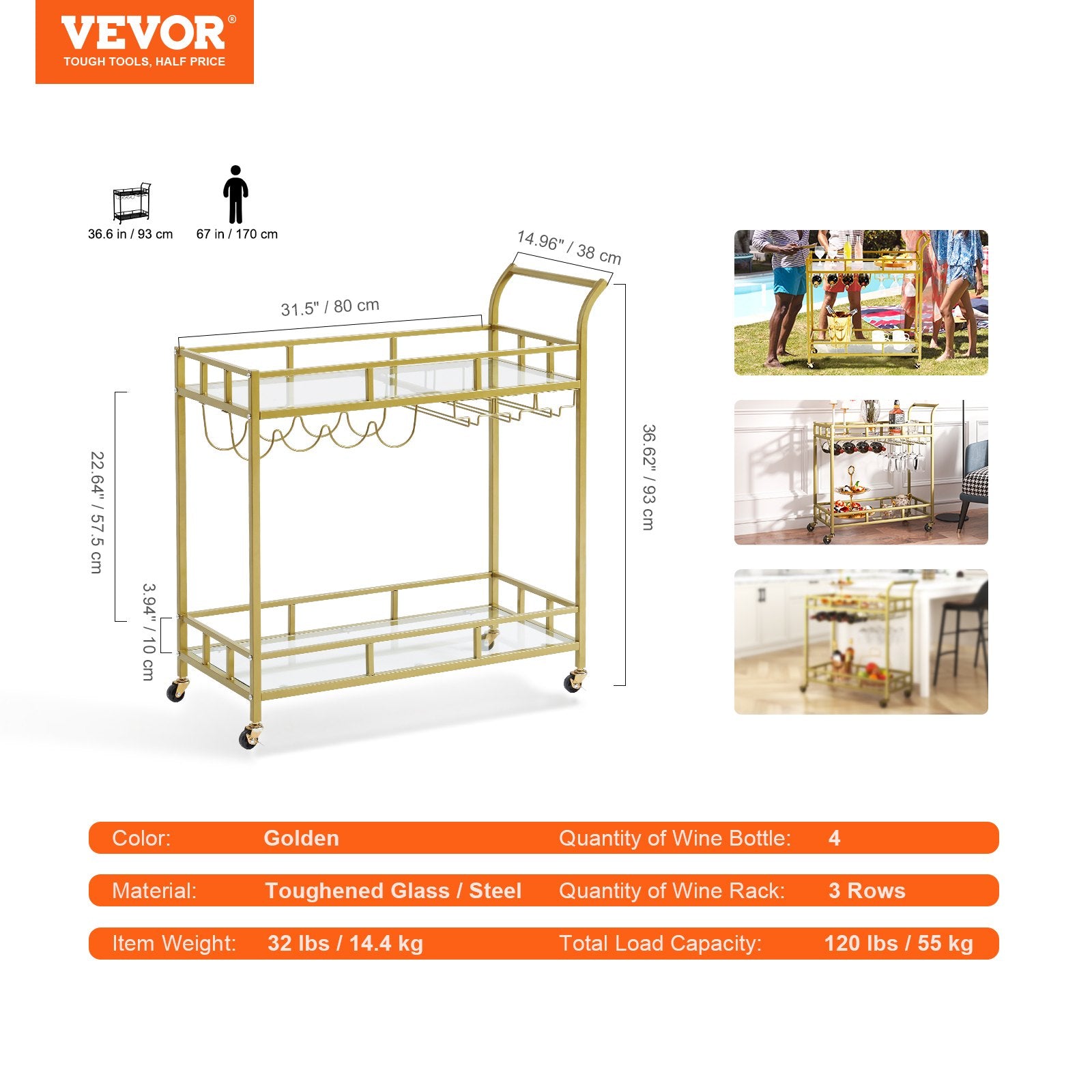 2 Tiers Gold Metal Bar Serving Cart with Wine Rack Glass Holder 120 LBS - Image 7