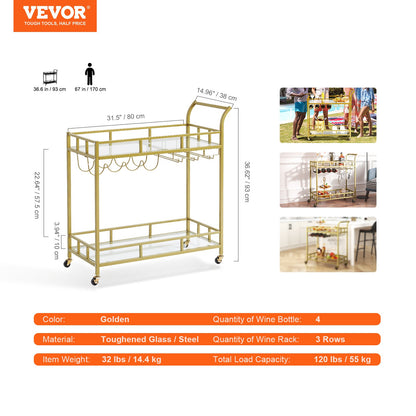 2 Tiers Gold Metal Bar Serving Cart with Wine Rack Glass Holder 120 LBS - Image 7