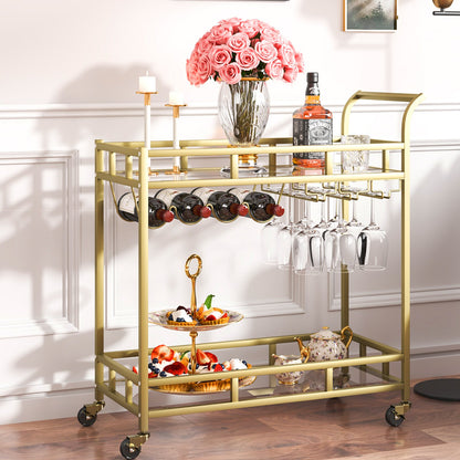 2 Tiers Gold Metal Bar Serving Cart with Wine Rack Glass Holder 120 LBS - Image 8