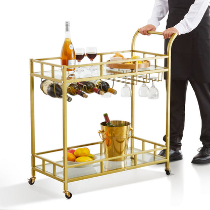 2 Tiers Gold Metal Bar Serving Cart with Wine Rack Glass Holder 120 LBS - Image 9