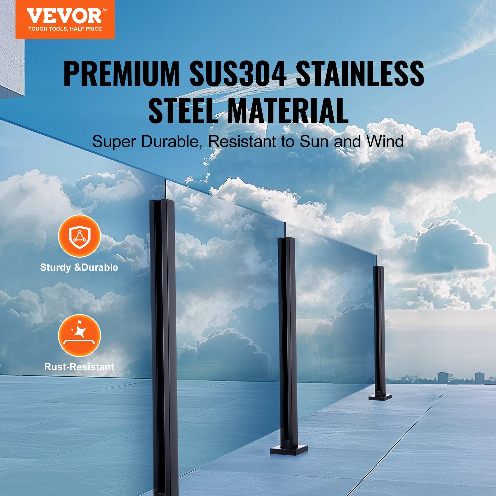 Glass Clamp, 41.34" Height Glass Railing Bracket for 0.39 "-0.47 " Thickness Tempered Glass, 304 Stainless Steel Glass Mounting Clamp, Glass Shelf Bracket for Balcony, Garden, Deck, Stair, Black - Image 2