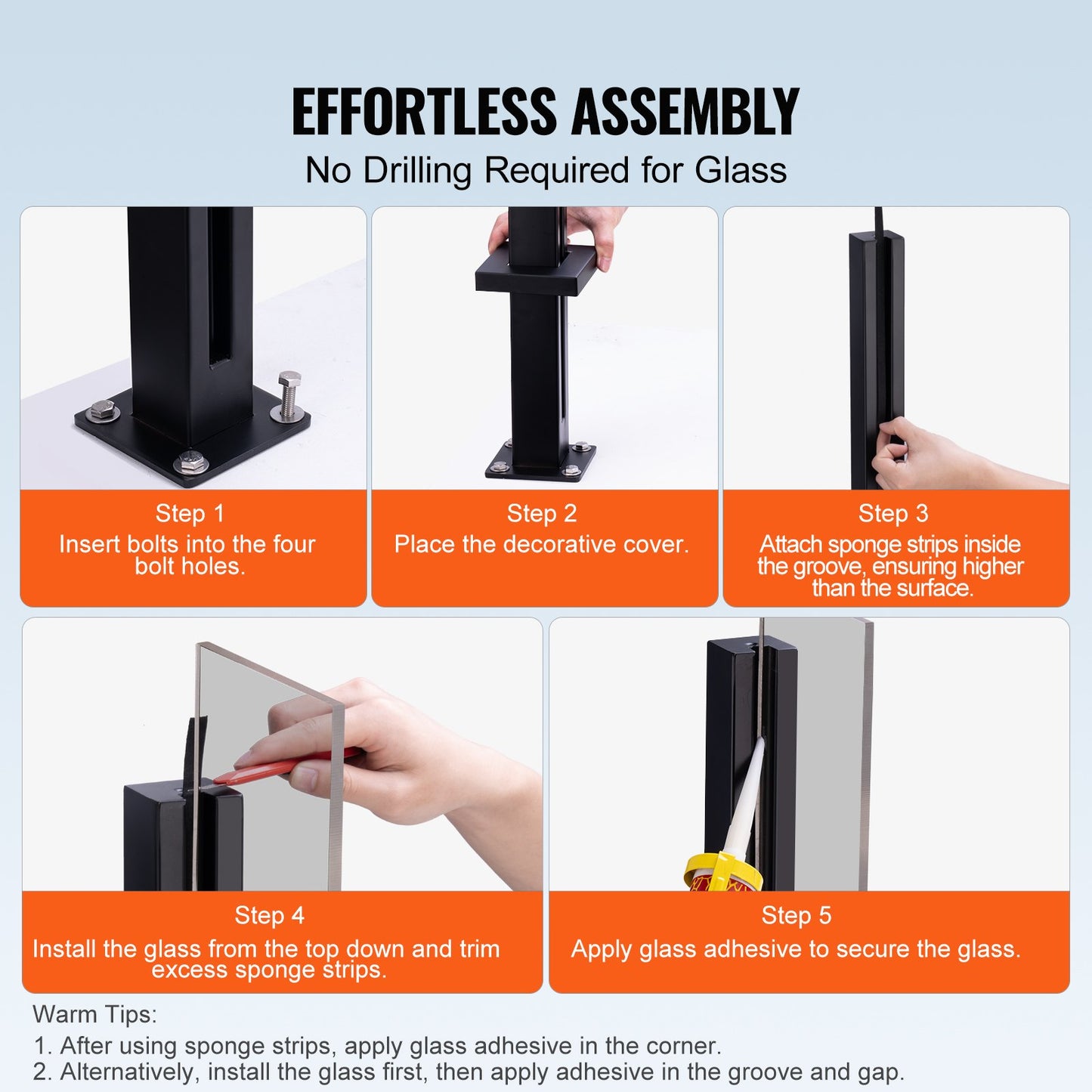 Glass Clamp, 41.34" Height Glass Railing Bracket for 0.39 "-0.47 " Thickness Tempered Glass, 304 Stainless Steel Glass Mounting Clamp, Glass Shelf Bracket for Balcony, Garden, Deck, Stair, Black - Image 3