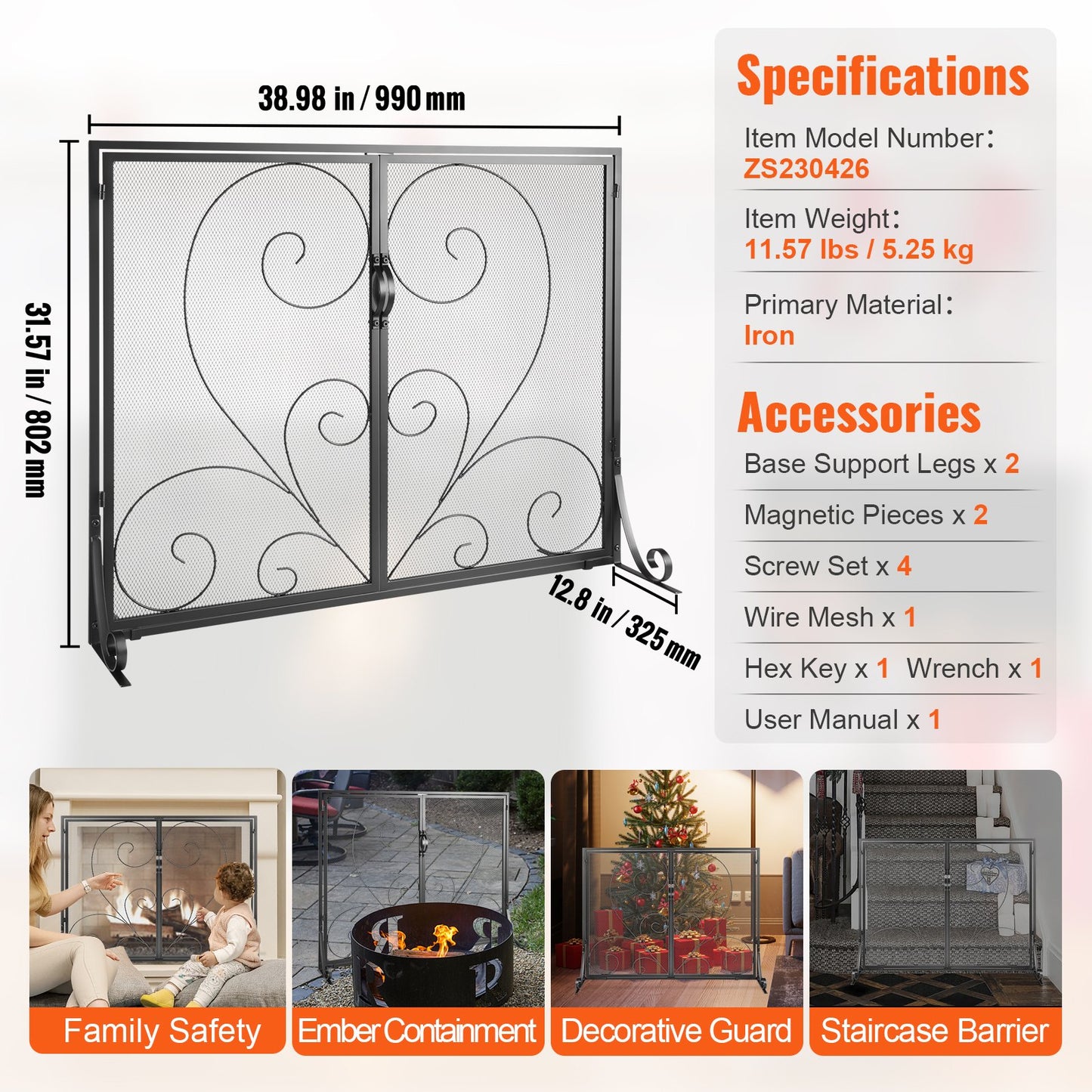 990x802MM Fireplace Screen 2-Panel Iron Mesh Spark Guard Vintage Black - Image 7
