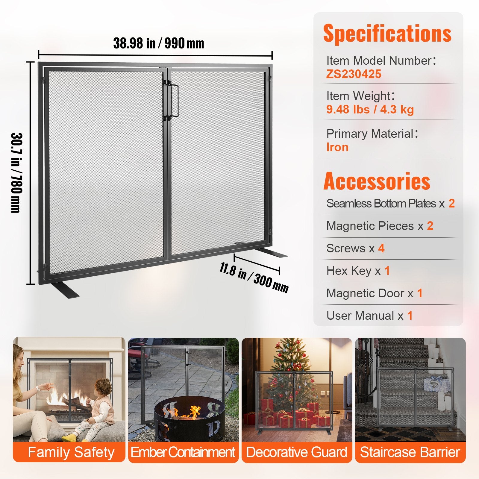 Fireplace Screen 1 Panel with Door, Sturdy Iron Mesh Fireplace Screen, 990(L) x780(H)MM Spark Guard Cover, Simple Installation, Free Standing Fire Fence Grate for Living Room Home Decor Modern - Image 7