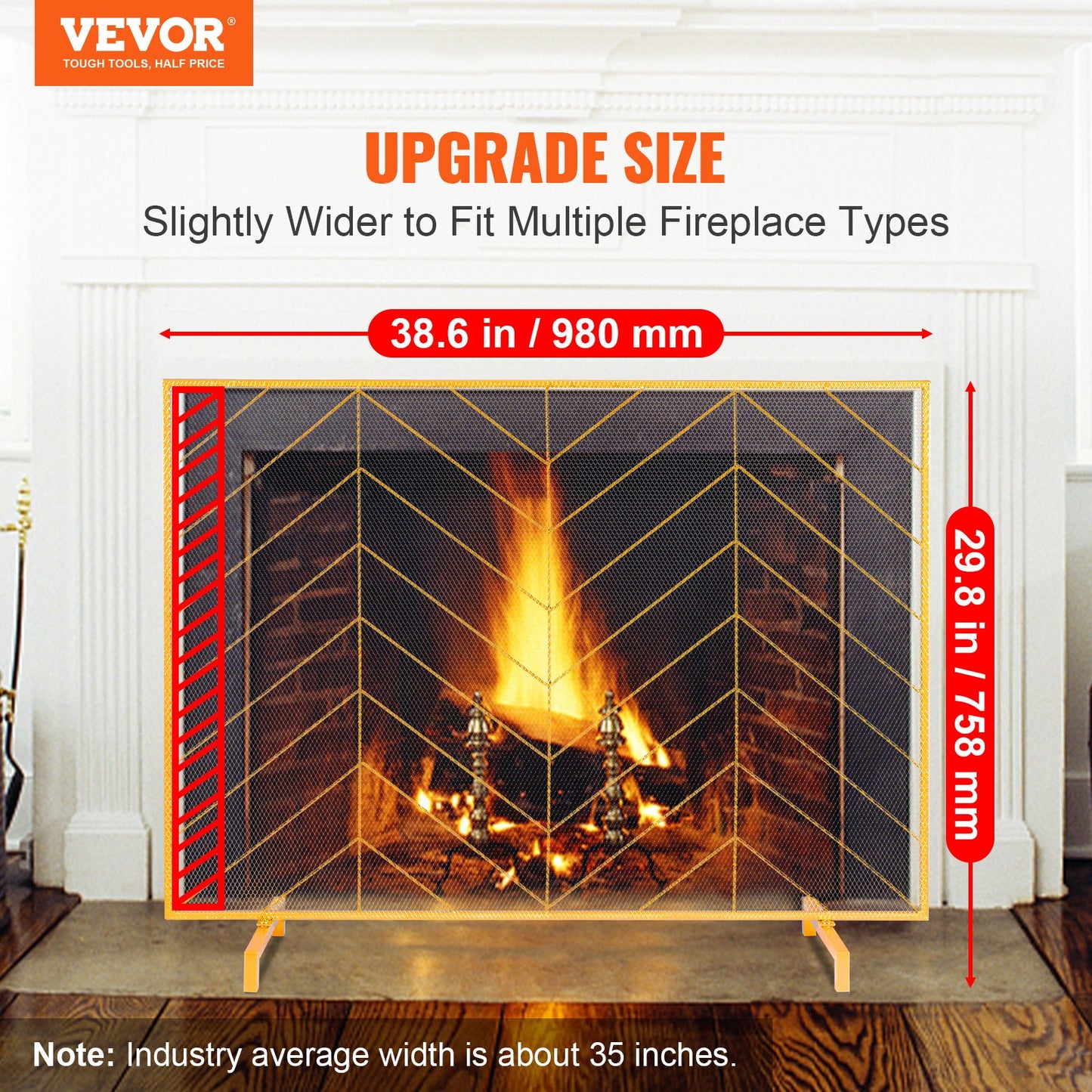 980x758MM Fireplace Screen 1-Panel Iron Mesh Spark Guard Modern Gold - Image 2