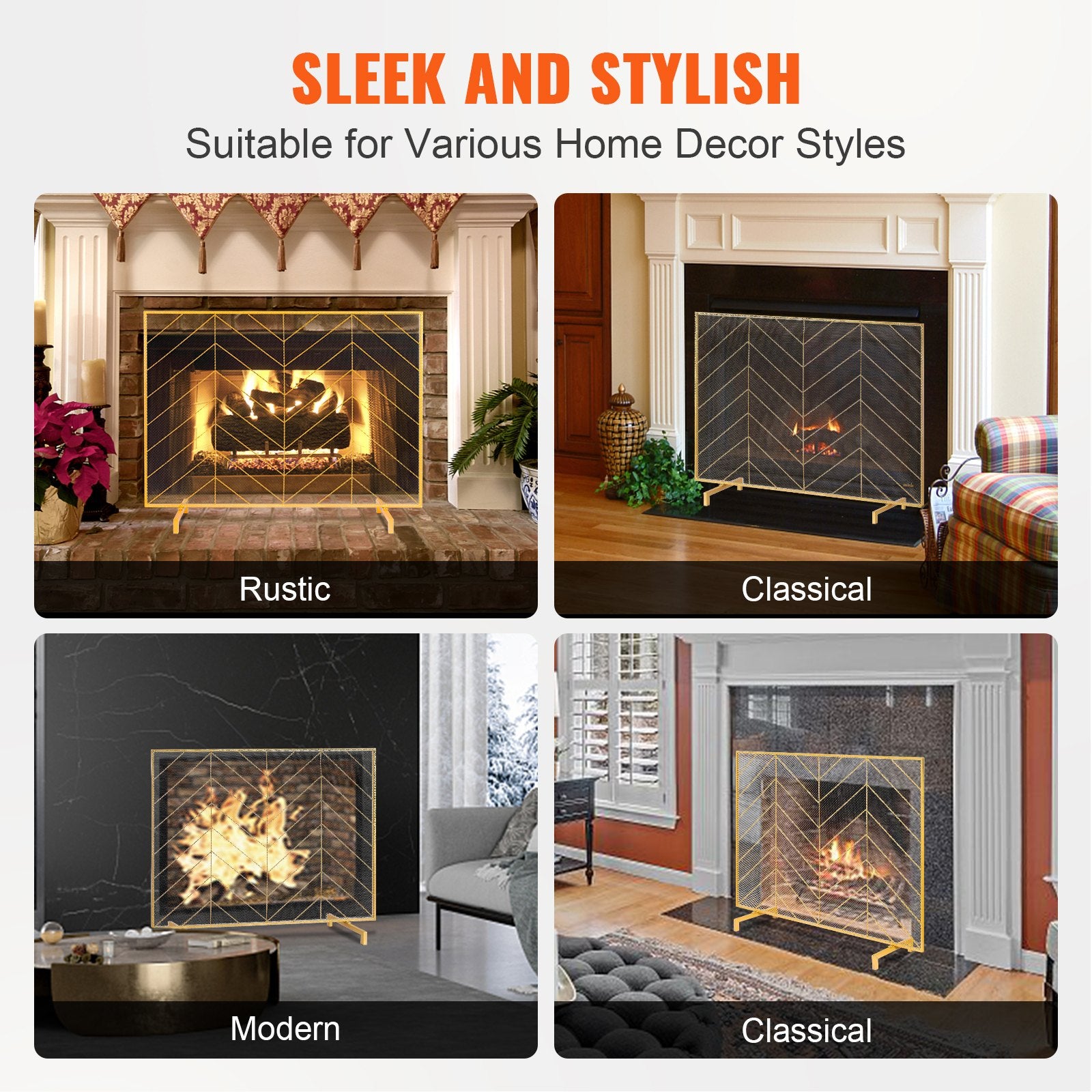 980x758MM Fireplace Screen 1-Panel Iron Mesh Spark Guard Modern Gold - Image 3