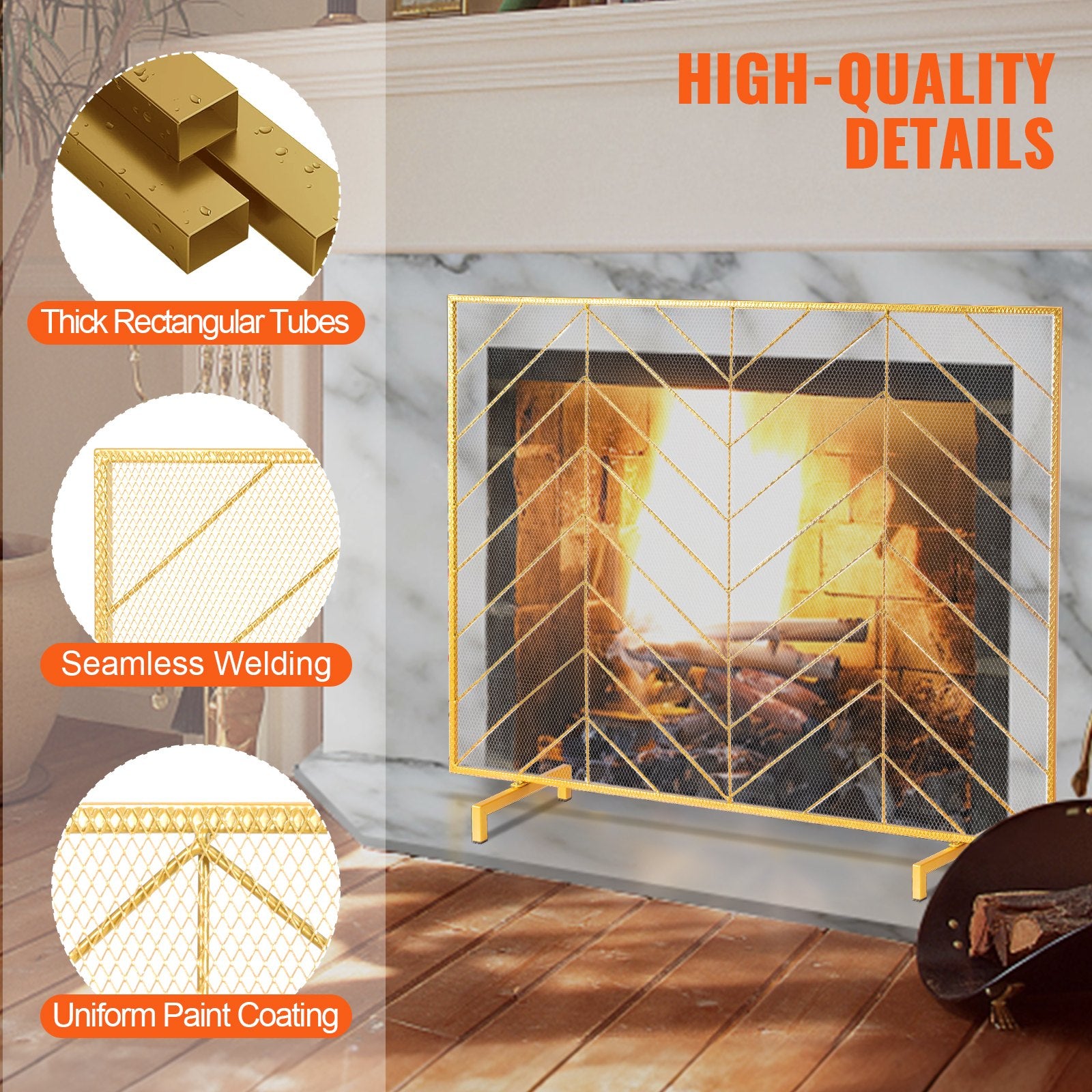 980x758MM Fireplace Screen 1-Panel Iron Mesh Spark Guard Modern Gold - Image 6