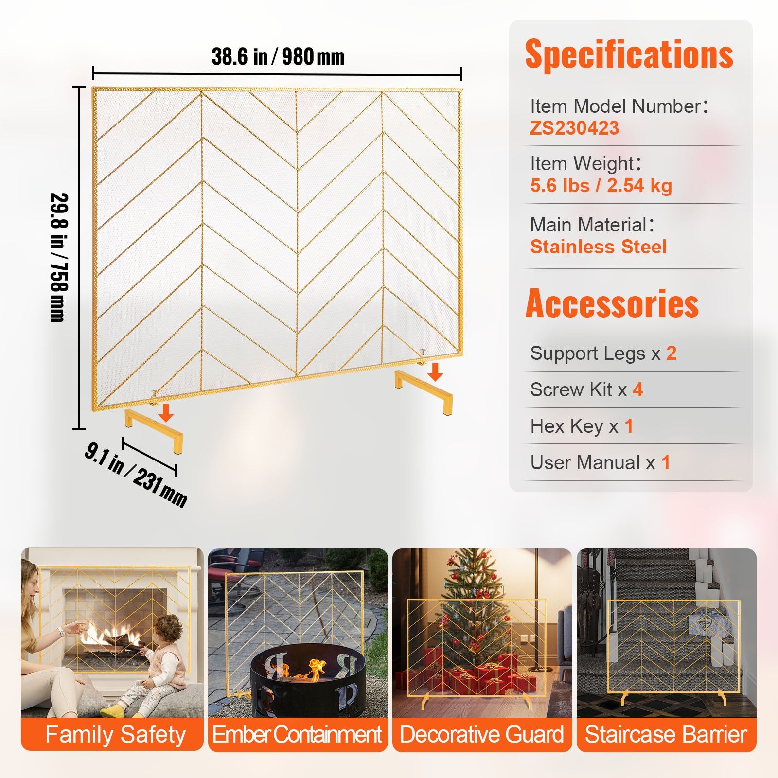 980x758MM Fireplace Screen 1-Panel Iron Mesh Spark Guard Modern Gold - Image 7
