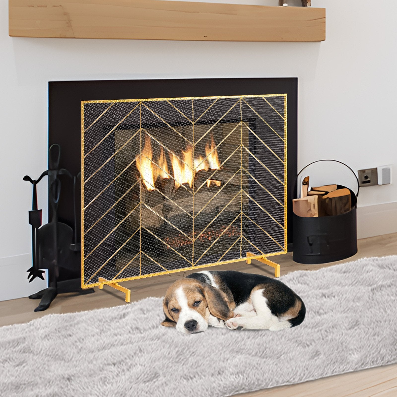 980x758MM Fireplace Screen 1-Panel Iron Mesh Spark Guard Modern Gold - Image 8