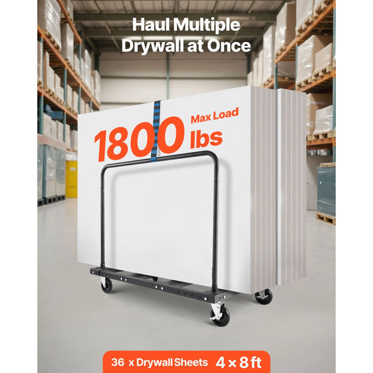 Drywall Cart Dolly, 816 kg Load Capacity, Steel Panel Truck Cart with 12.5 mm Swivel Casters, Lumber Drywall Dolly with Tie-Down Strap & 2 Side Handrails for Factory, Warehouse, Garage, Black - Image 2