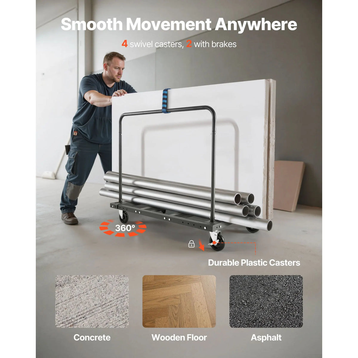 Drywall Cart Dolly, 816 kg Load Capacity, Steel Panel Truck Cart with 12.5 mm Swivel Casters, Lumber Drywall Dolly with Tie-Down Strap & 2 Side Handrails for Factory, Warehouse, Garage, Black - Image 4