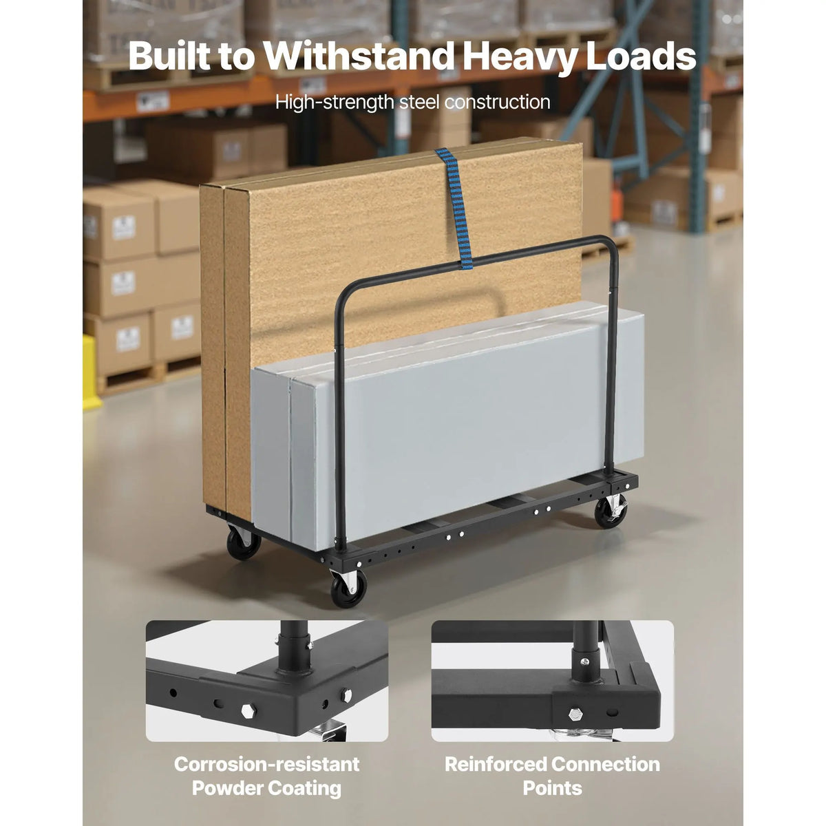 Drywall Cart Dolly, 816 kg Load Capacity, Steel Panel Truck Cart with 12.5 mm Swivel Casters, Lumber Drywall Dolly with Tie-Down Strap & 2 Side Handrails for Factory, Warehouse, Garage, Black - Image 5