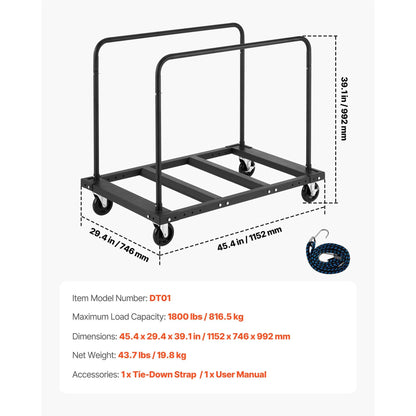 Drywall Cart Dolly, 816 kg Load Capacity, Steel Panel Truck Cart with 12.5 mm Swivel Casters, Lumber Drywall Dolly with Tie-Down Strap & 2 Side Handrails for Factory, Warehouse, Garage, Black - Image 7