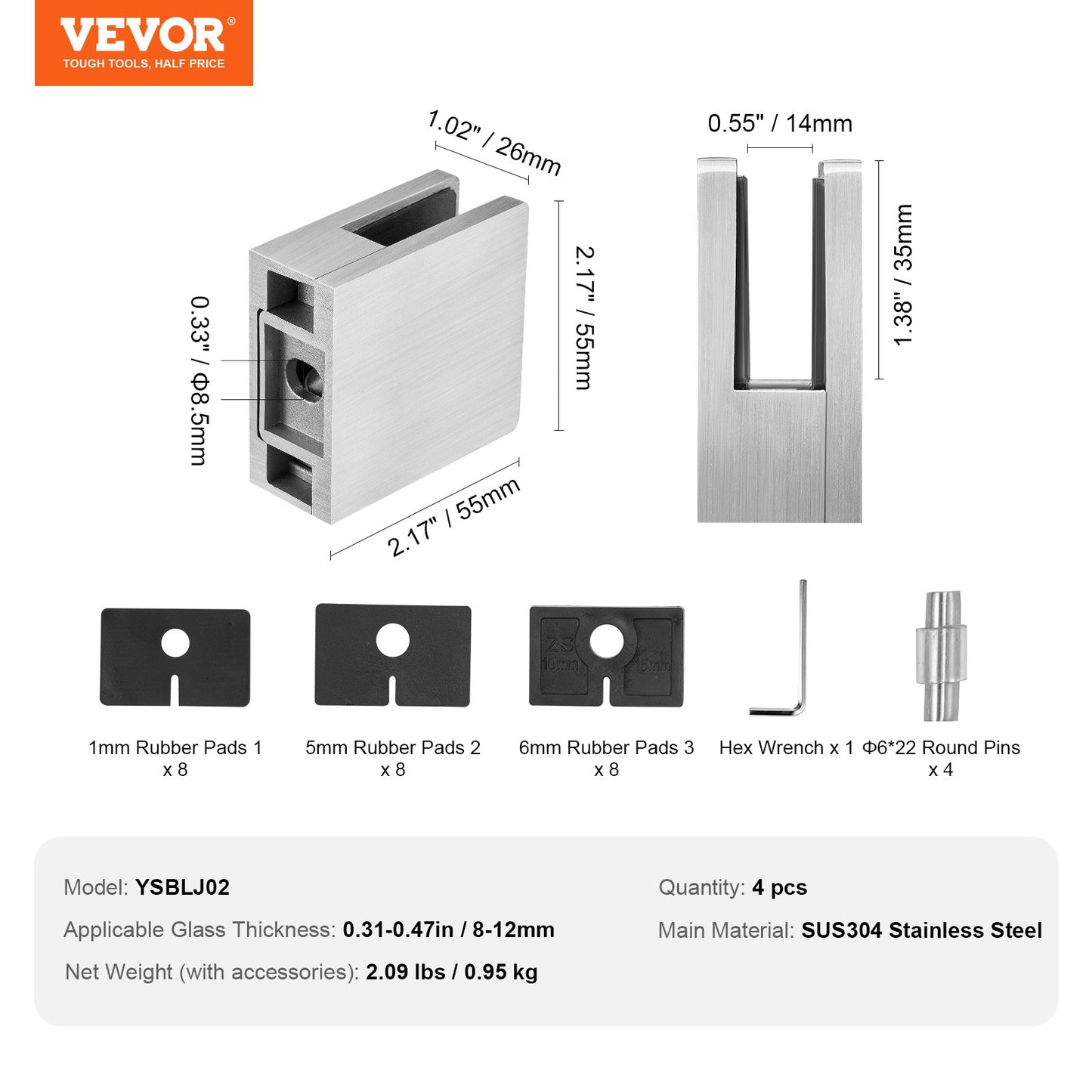 Glass Clamp, 4 PCS Square Glass Railing Bracket for 0.31 "-0.47 " Tempered Glass, 304 Stainless Steel Glass Mounting Clamp, Glass Shelf Bracket for Balcony, Garden, Pool, Stair, Silver - Image 7