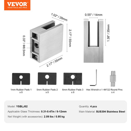 Glass Clamp, 4 PCS Square Glass Railing Bracket for 0.31 "-0.47 " Tempered Glass, 304 Stainless Steel Glass Mounting Clamp, Glass Shelf Bracket for Balcony, Garden, Pool, Stair, Silver - Image 7