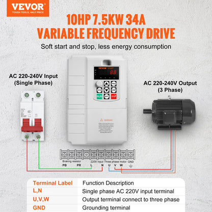 VFD 10HP, 7.5KW, 34A, 1 Phase 220V-240V Input to 3 Phase 220V-240V Output Variable Frequency Drive, 0-400Hz VFD for AC Motor Speed Control - Image 2