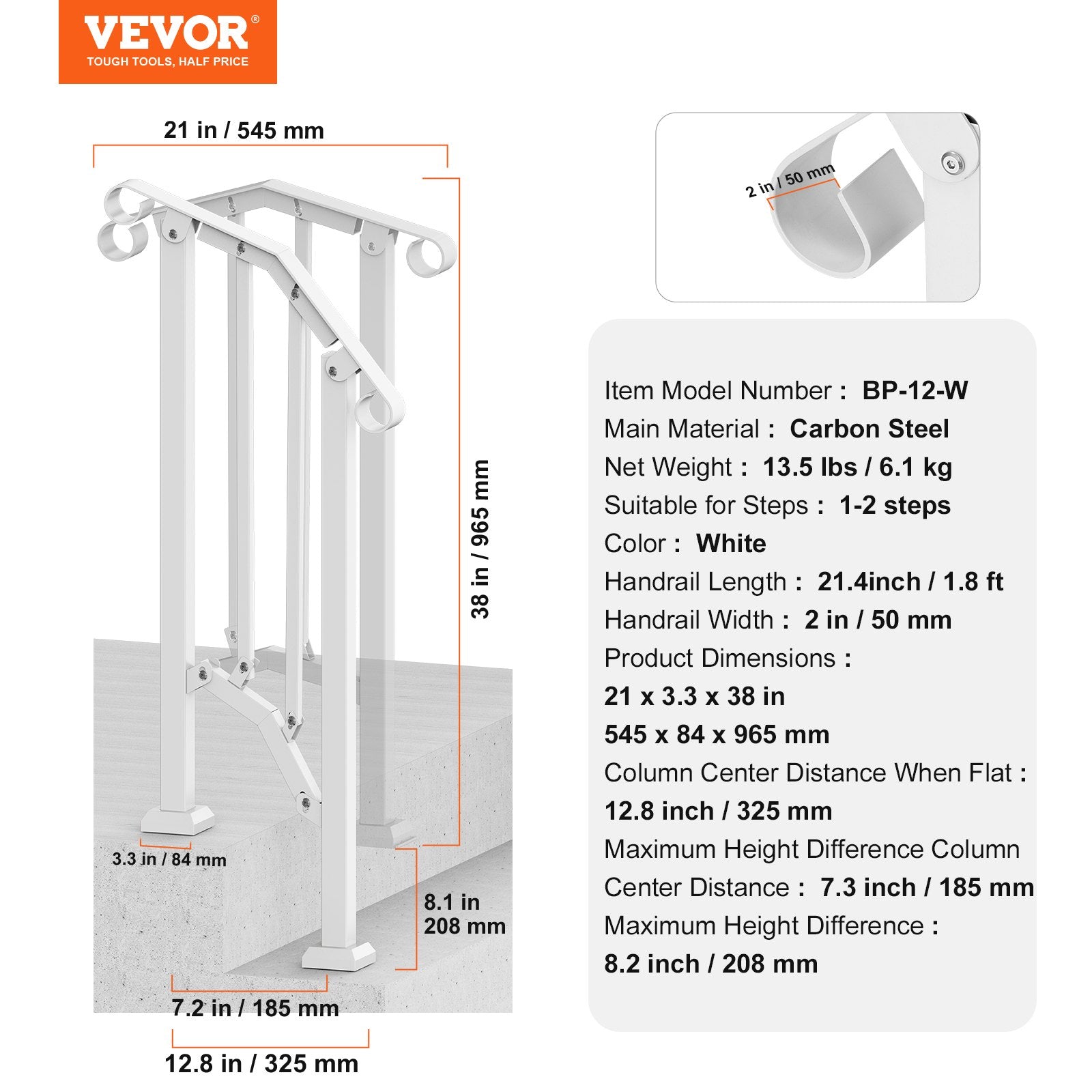 Handrails for Outdoor Steps, 1-2 Step Stair Hand Rail Kit, Transitional Carbon Steel Railings with Installation Kit, Stair Rails for Seniors, Concrete Steps & Porch & Deck, White Retro Arch - Image 7