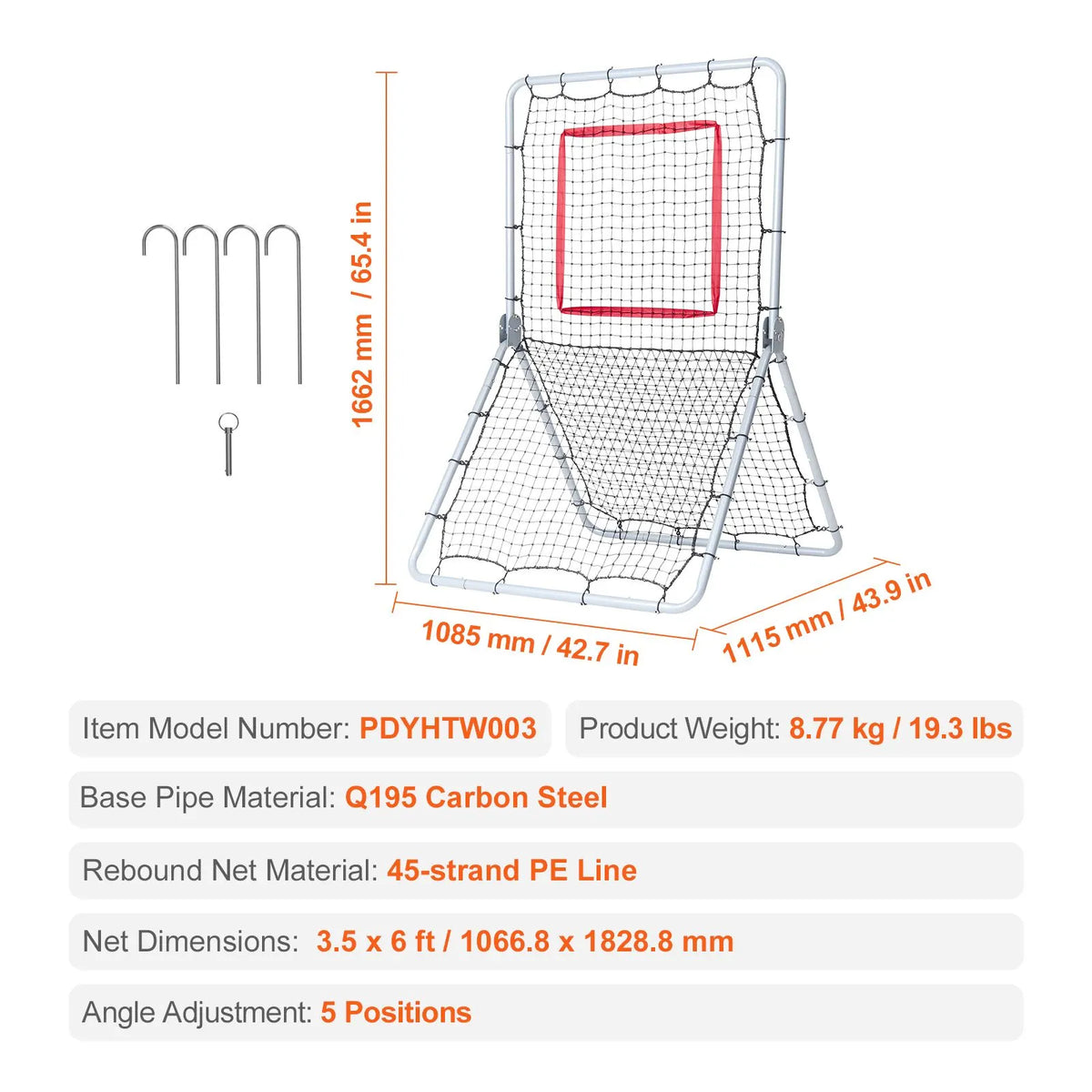 Baseball And Softball Rebounder Net, 3.5 x 6 ft PitchBack Baseball Pitching Nest, Softball Pitchback Net, Fielding Trainer, Bounce Back Net for Fielding/Throwing Practice, 5 Adjustable Angles - Image 7