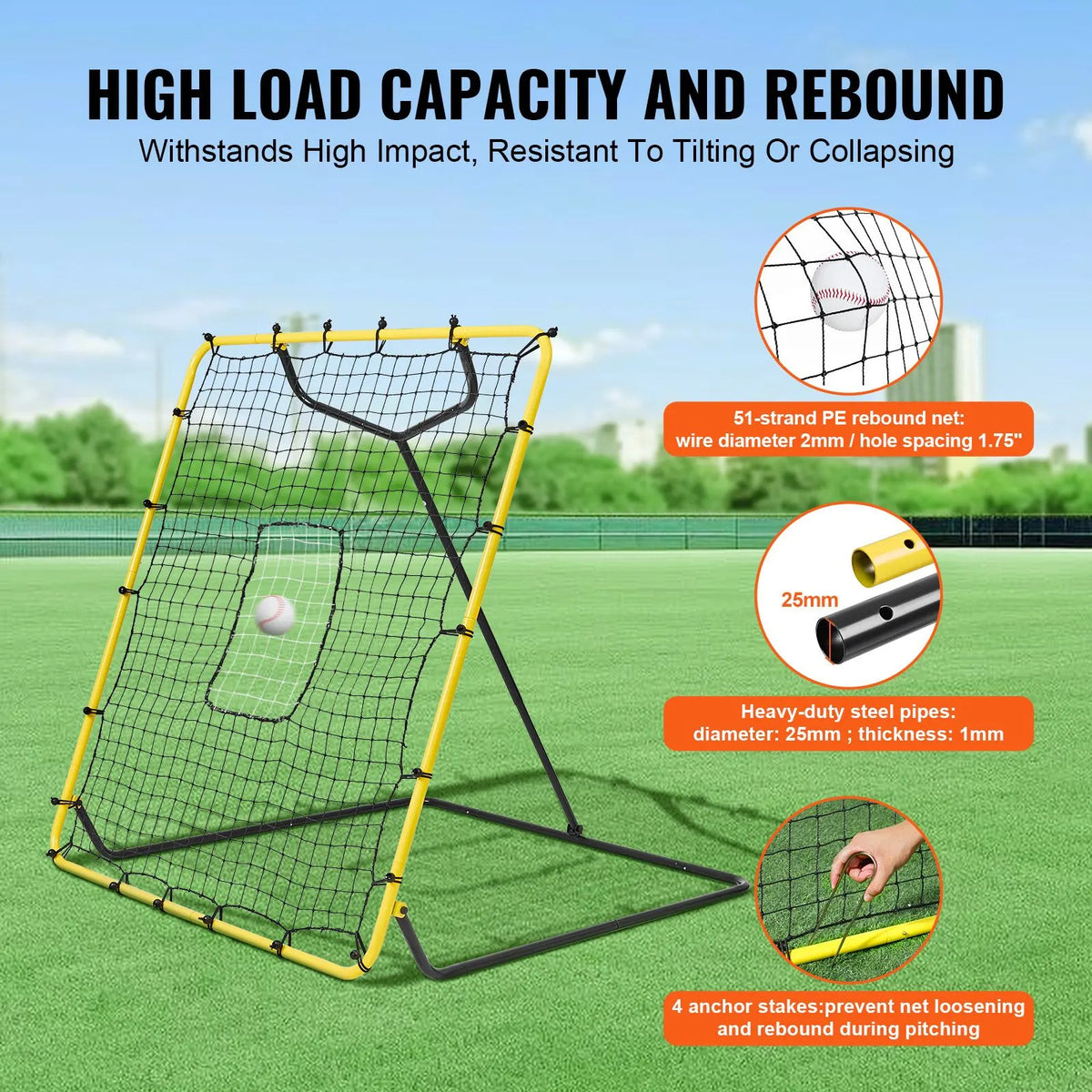 Baseball And Softball Rebounder Net, 4 x 4.5 Feet PitchBack Baseball Nest for Pitching and Fielding Training, Pitch Return Trainer Rebound Net with Pitching Target, 4 Adjustable Angles - Image 5
