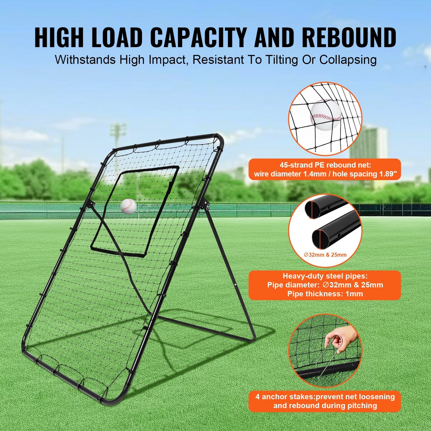 Baseball And Softball Rebounder Net, 4 x 6 Feet PitchBack Baseball Nest for Pitching and Fielding Training, Pitch Return Trainer Rebound Net with Pitching Target, 4 Adjustable Angles - Image 5