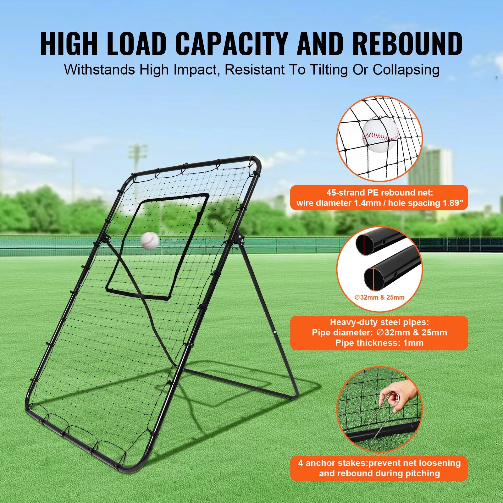 Baseball And Softball Rebounder Net, 4 x 6 Feet PitchBack Baseball Nest for Pitching and Fielding Training, Pitch Return Trainer Rebound Net with Pitching Target, 4 Adjustable Angles - Image 5