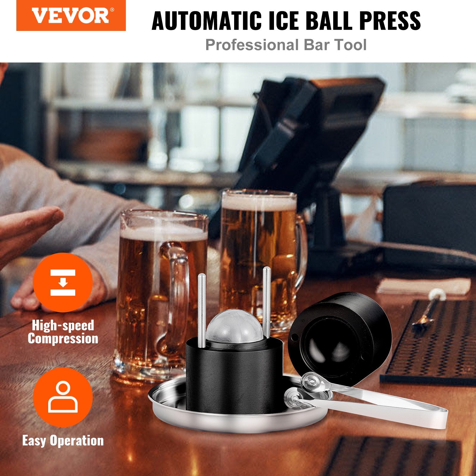 Ice Ball Press, 6cm Ice Ball Maker, Aircraft Al Alloy Ice Ball Press Kit for 60mm Ice Sphere, Ice Press with Tong and Drip Tray, for Whiskey, Cocktail, Bourbon, Scot on Party & Holiday, Black - Image 2