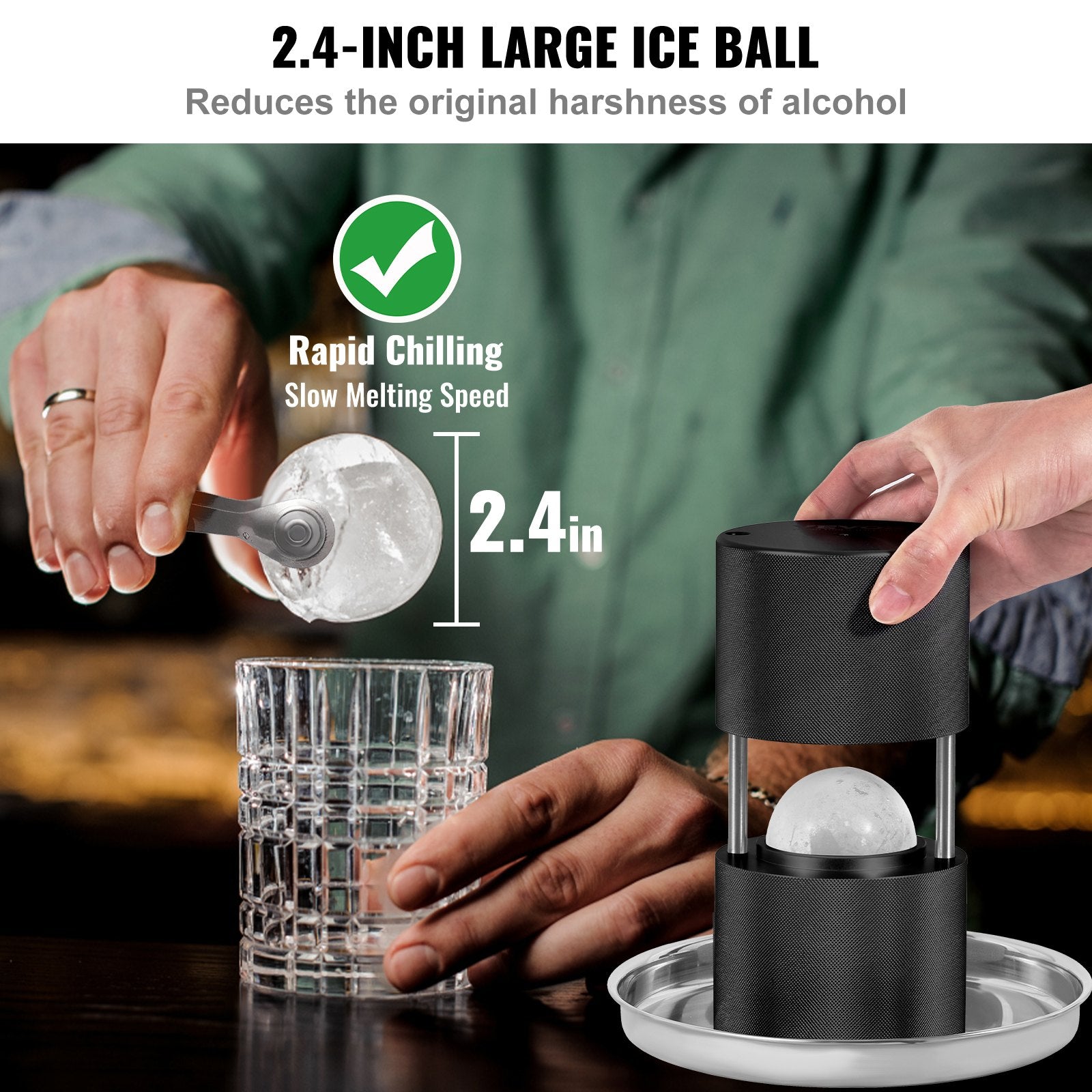 Ice Ball Press, 6cm Ice Ball Maker, Aircraft Al Alloy Ice Ball Press Kit for 60mm Ice Sphere, Ice Press with Tong and Drip Tray, for Whiskey, Cocktail, Bourbon, Scot on Party & Holiday, Black - Image 4