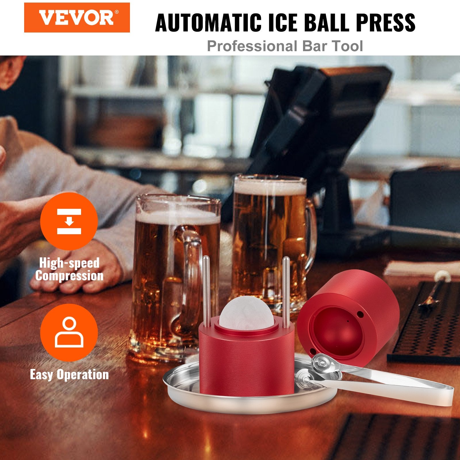 Ice Ball Press, 6cm Ice Ball Maker, Aircraft Al Alloy Ice Ball Press Kit for 60mm Ice Sphere, Ice Press with Tong and Drip Tray, for Whiskey, Cocktail, Bourbon, Scot on Party & Holiday, Red - Image 2