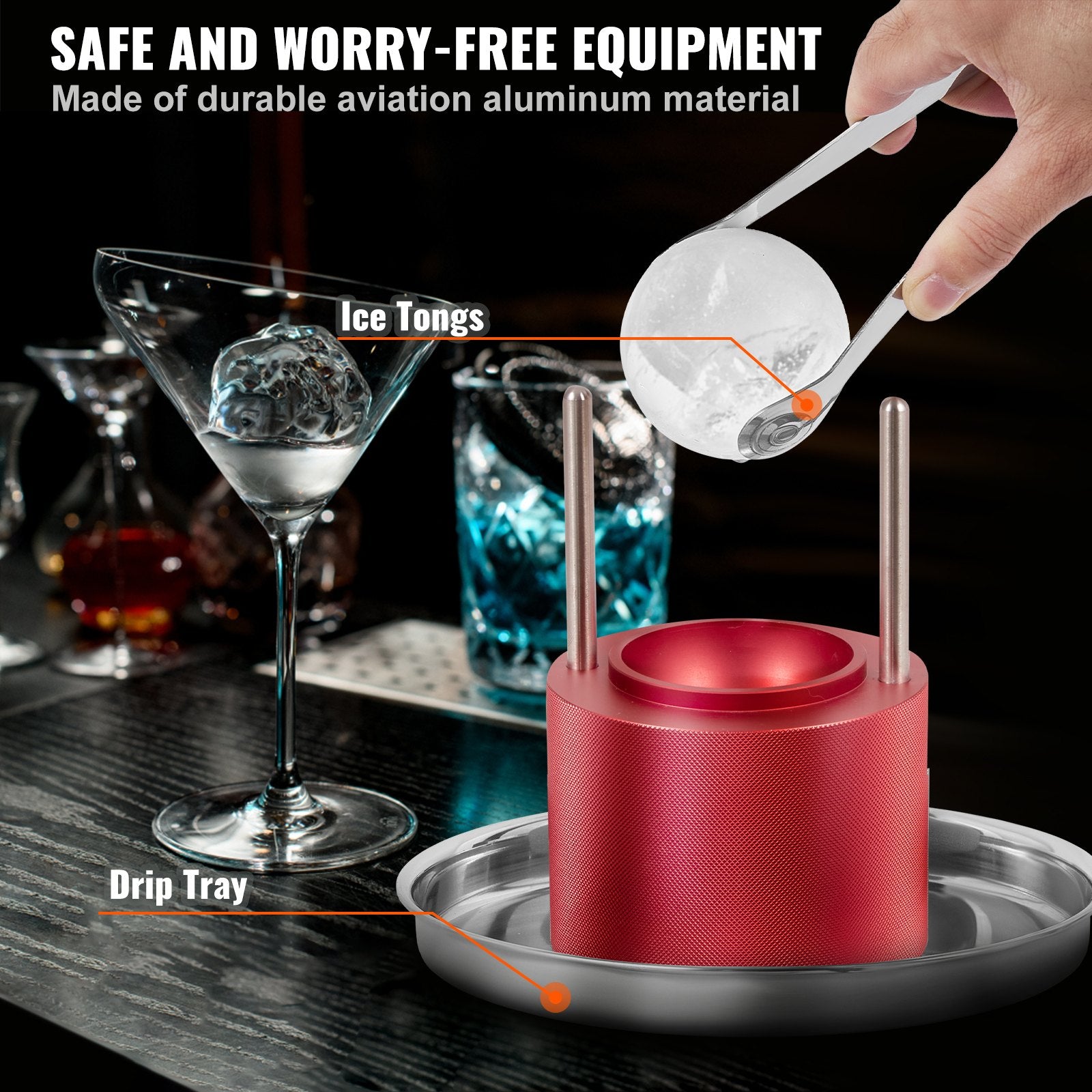 Ice Ball Press, 6cm Ice Ball Maker, Aircraft Al Alloy Ice Ball Press Kit for 60mm Ice Sphere, Ice Press with Tong and Drip Tray, for Whiskey, Cocktail, Bourbon, Scot on Party & Holiday, Red - Image 5