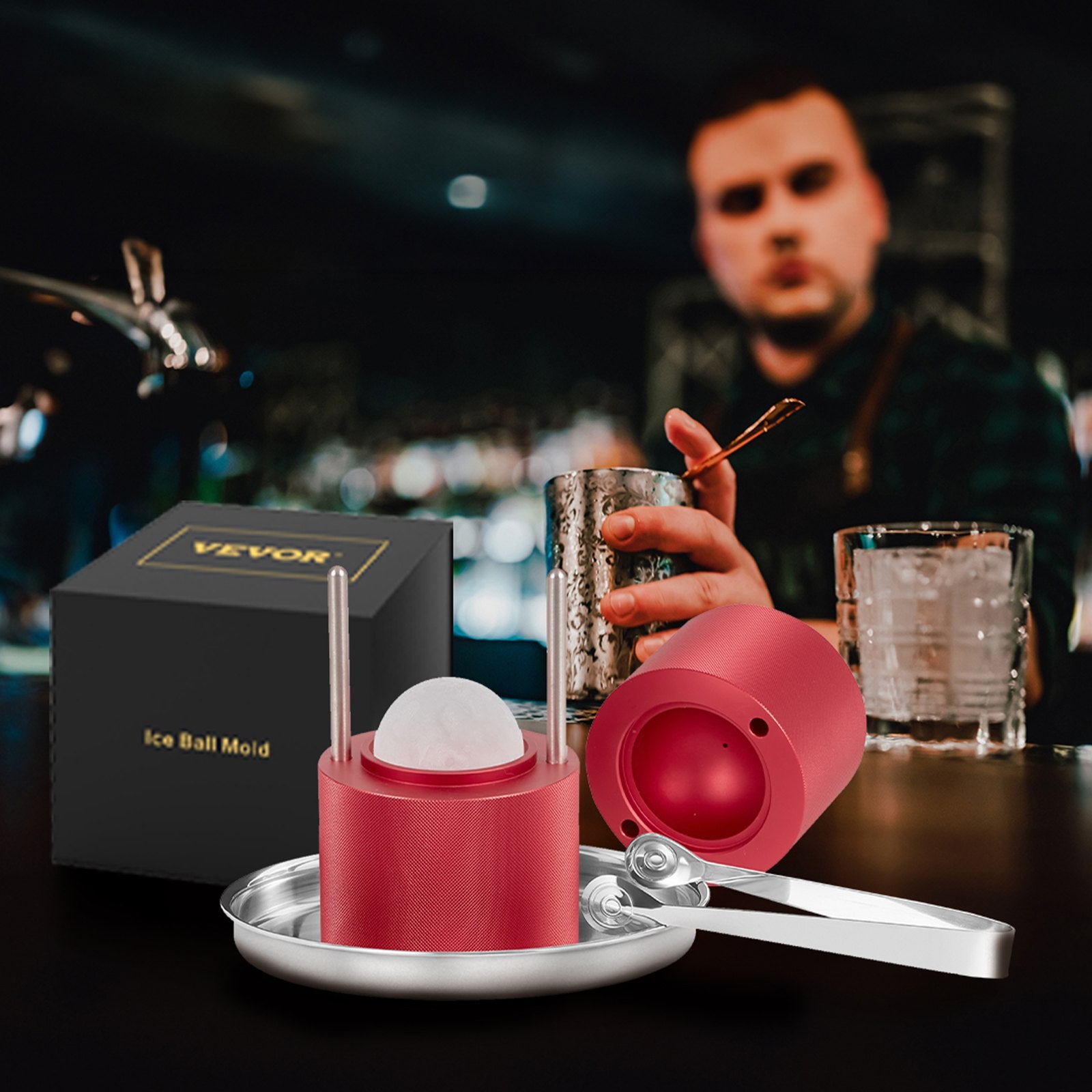 Ice Ball Press, 6cm Ice Ball Maker, Aircraft Al Alloy Ice Ball Press Kit for 60mm Ice Sphere, Ice Press with Tong and Drip Tray, for Whiskey, Cocktail, Bourbon, Scot on Party & Holiday, Red - Image 8