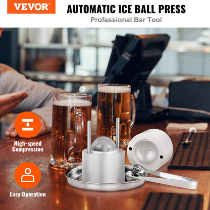 Ice Ball Press Kit, Aircraft Al Alloy Ice Press with Ice Block Mold, Large Mat, Tong, Drip Tray, One Glass, Round Ice Ball Maker 2.4"/60 mm Ice Sphere, for Whiskey, Cocktail on Party & Holiday - Image 2