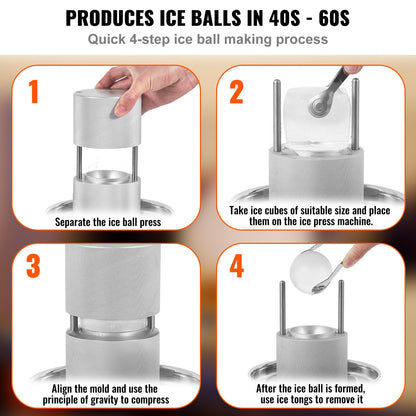 Ice Ball Press Kit, Aircraft Al Alloy Ice Press with Ice Block Mold, Large Mat, Tong, Drip Tray, One Glass, Round Ice Ball Maker 2.4"/60 mm Ice Sphere, for Whiskey, Cocktail on Party & Holiday - Image 3