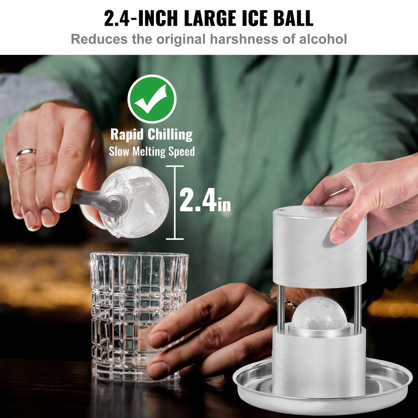 Ice Ball Press Kit, Aircraft Al Alloy Ice Press with Ice Block Mold, Large Mat, Tong, Drip Tray, One Glass, Round Ice Ball Maker 2.4"/60 mm Ice Sphere, for Whiskey, Cocktail on Party & Holiday - Image 4