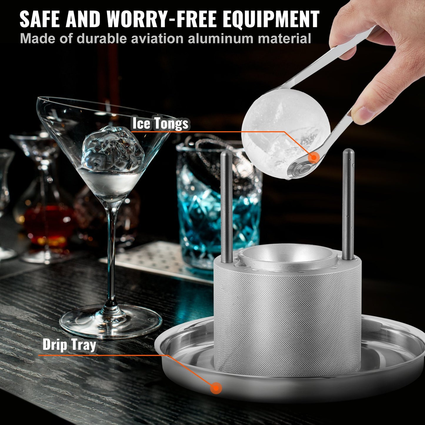 Ice Ball Press Kit, Aircraft Al Alloy Ice Press with Ice Block Mold, Large Mat, Tong, Drip Tray, One Glass, Round Ice Ball Maker 2.4"/60 mm Ice Sphere, for Whiskey, Cocktail on Party & Holiday - Image 5