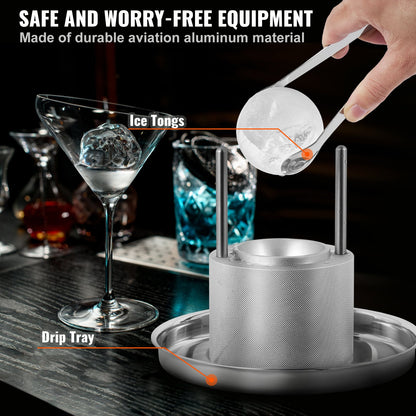 Ice Ball Press Kit, Aircraft Al Alloy Ice Press with Ice Block Mold, Large Mat, Tong, Drip Tray, One Glass, Round Ice Ball Maker 2.4"/60 mm Ice Sphere, for Whiskey, Cocktail on Party & Holiday - Image 5