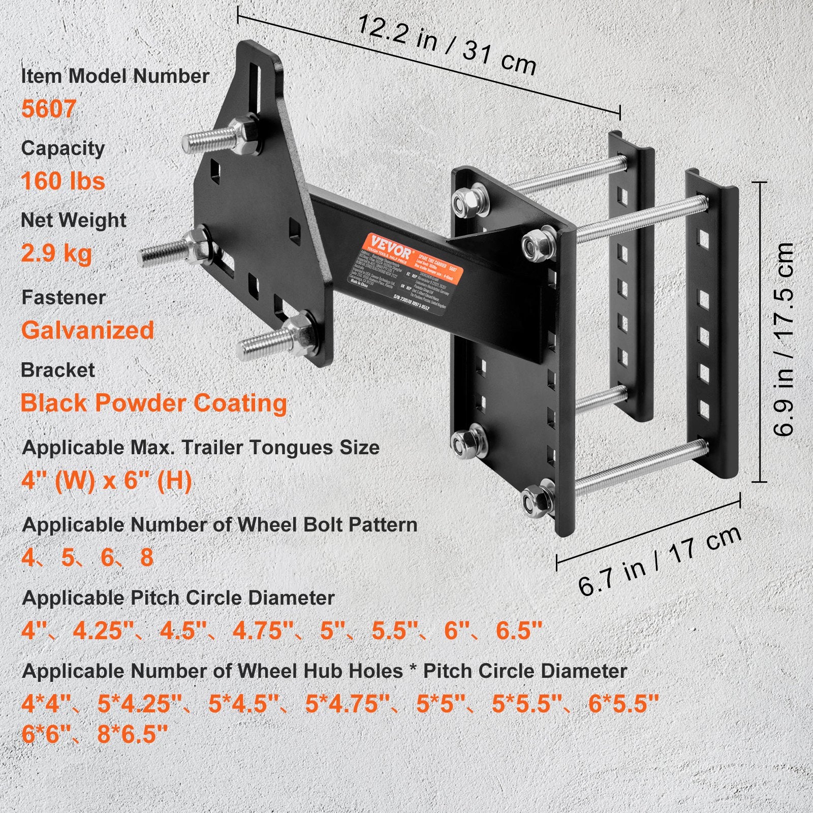 Spare Tire Carrier, Trailer Spare Tire Mount, 160 lbs Capacity, Utility Trailer Accessories Fits Most 4 & 5 & 6 & 8 Lugs Wheels on 4", 4.25", 4.5", 4.75", 5", 5.5", 6", 6.5" Bolt Patterns - Image 7