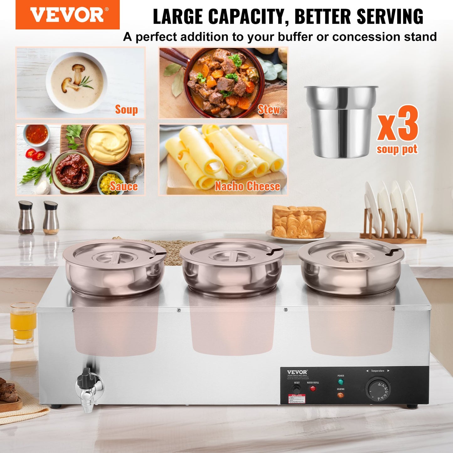 Electric Soup Warmer, Three 7.4QT Stainless Steel Round Pot, 1200W Commercial Food Warmer, 30 - 85℃ Adjustable Temp, Bain Marie with Anti-Dry Burn and Reset Button, for Restaurant, Buffet - Image 2