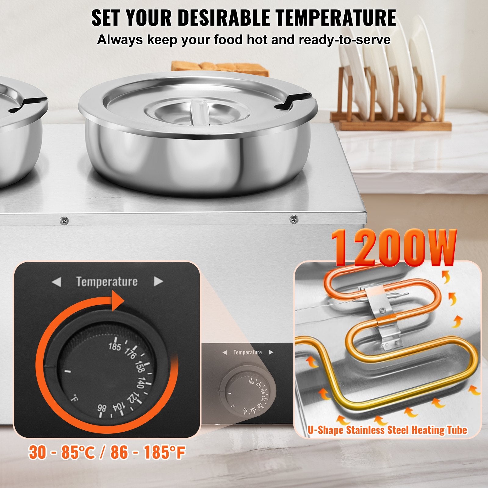 Electric Soup Warmer, Three 7.4QT Stainless Steel Round Pot, 1200W Commercial Food Warmer, 30 - 85℃ Adjustable Temp, Bain Marie with Anti-Dry Burn and Reset Button, for Restaurant, Buffet - Image 3