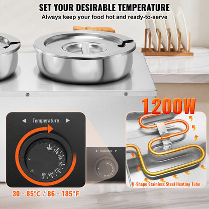 Electric Soup Warmer, Three 7.4QT Stainless Steel Round Pot, 1200W Commercial Food Warmer, 30 - 85℃ Adjustable Temp, Bain Marie with Anti-Dry Burn and Reset Button, for Restaurant, Buffet - Image 3