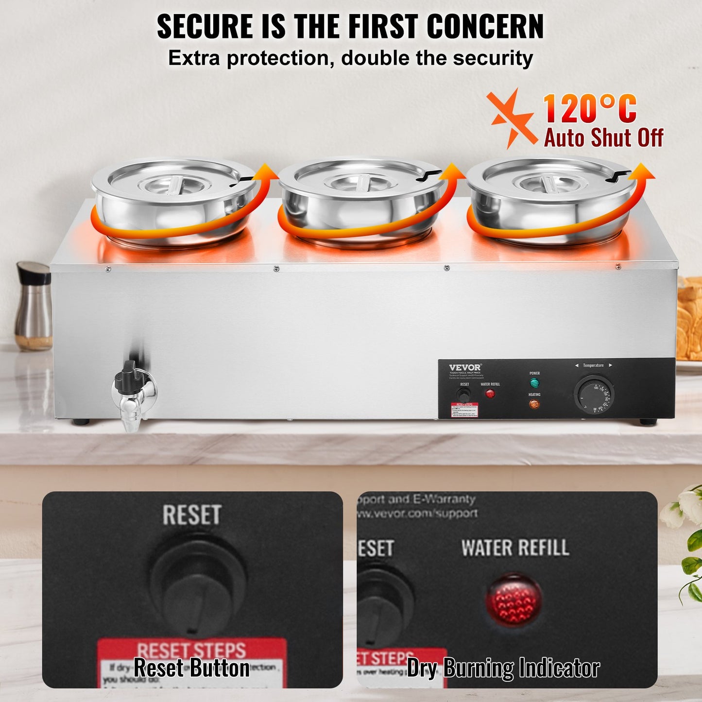 Electric Soup Warmer, Three 7.4QT Stainless Steel Round Pot, 1200W Commercial Food Warmer, 30 - 85℃ Adjustable Temp, Bain Marie with Anti-Dry Burn and Reset Button, for Restaurant, Buffet - Image 4
