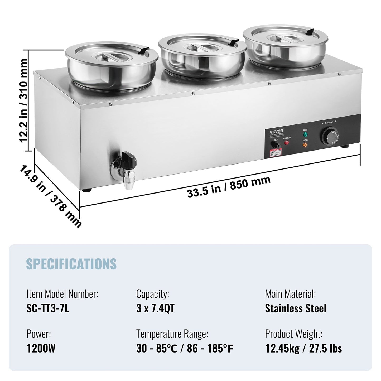 Electric Soup Warmer, Three 7.4QT Stainless Steel Round Pot, 1200W Commercial Food Warmer, 30 - 85℃ Adjustable Temp, Bain Marie with Anti-Dry Burn and Reset Button, for Restaurant, Buffet - Image 7