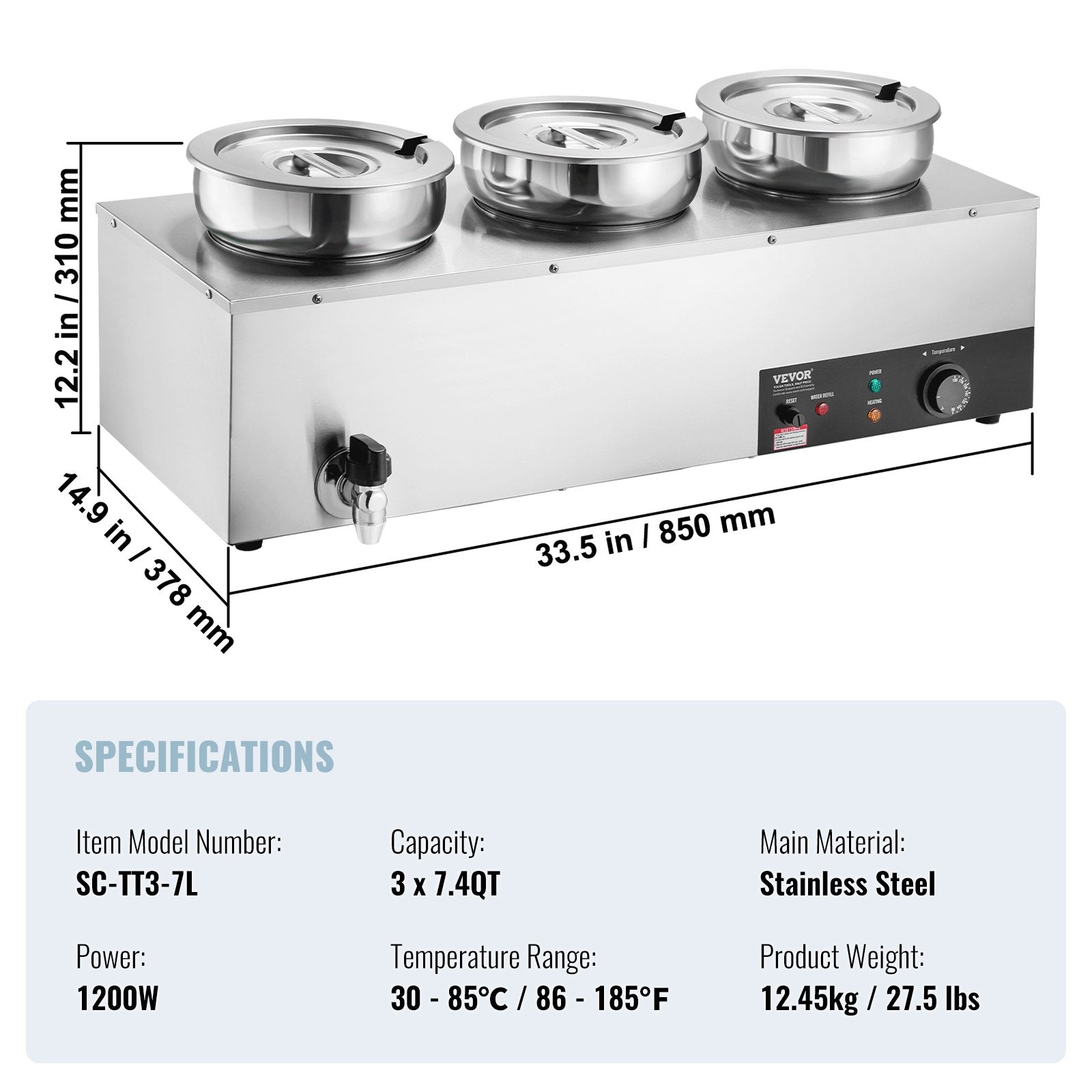 Electric Soup Warmer, Three 7.4QT Stainless Steel Round Pot, 1200W Commercial Food Warmer, 30 - 85℃ Adjustable Temp, Bain Marie with Anti-Dry Burn and Reset Button, for Restaurant, Buffet - Image 7