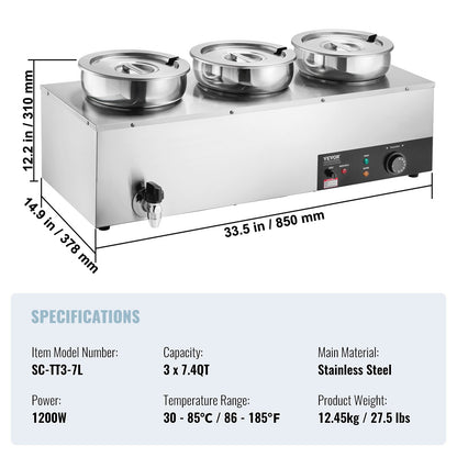 Electric Soup Warmer, Three 7.4QT Stainless Steel Round Pot, 1200W Commercial Food Warmer, 30 - 85℃ Adjustable Temp, Bain Marie with Anti-Dry Burn and Reset Button, for Restaurant, Buffet - Image 7