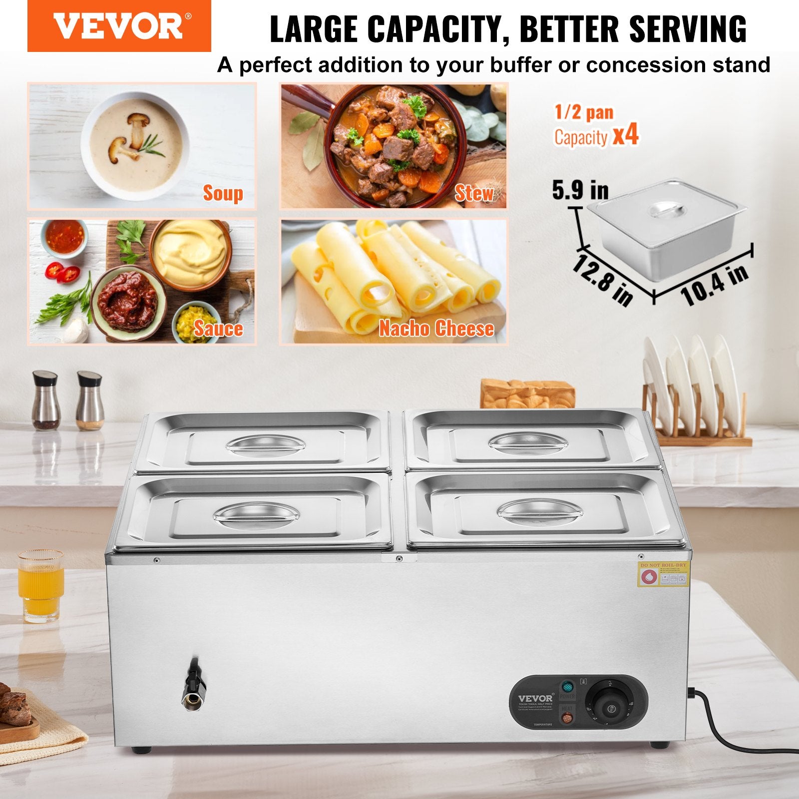 Commercial Electric Food Warmer Countertop Buffet 4*12 Qt Pan Bain Marie - Image 2