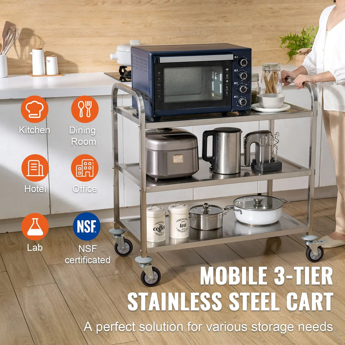 3-Tier Utility Cart Rolling Cart on Wheels 37.5"x20"x37.7" 450 LBS 6 Hooks - Image 2