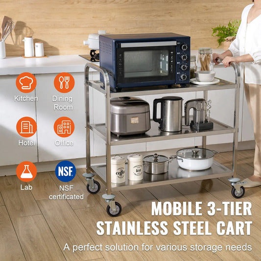 3-Tier Utility Cart Rolling Cart on Wheels 37.5"x20"x37.7" 450 LBS 6 Hooks - Image 2