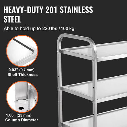 3-Tier Utility Cart Rolling Cart on Wheels 37.5"x20"x37.7" 450 LBS 6 Hooks - Image 3