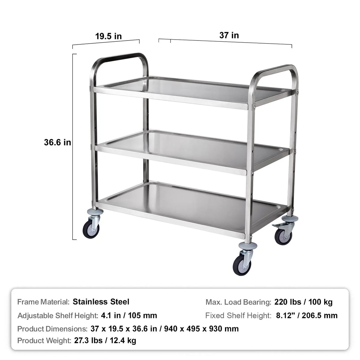3-Tier Utility Cart Rolling Cart on Wheels 37.5"x20"x37.7" 450 LBS 6 Hooks - Image 7