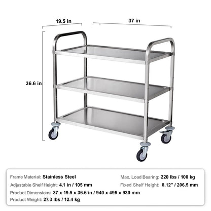3-Tier Utility Cart Rolling Cart on Wheels 37.5"x20"x37.7" 450 LBS 6 Hooks - Image 7