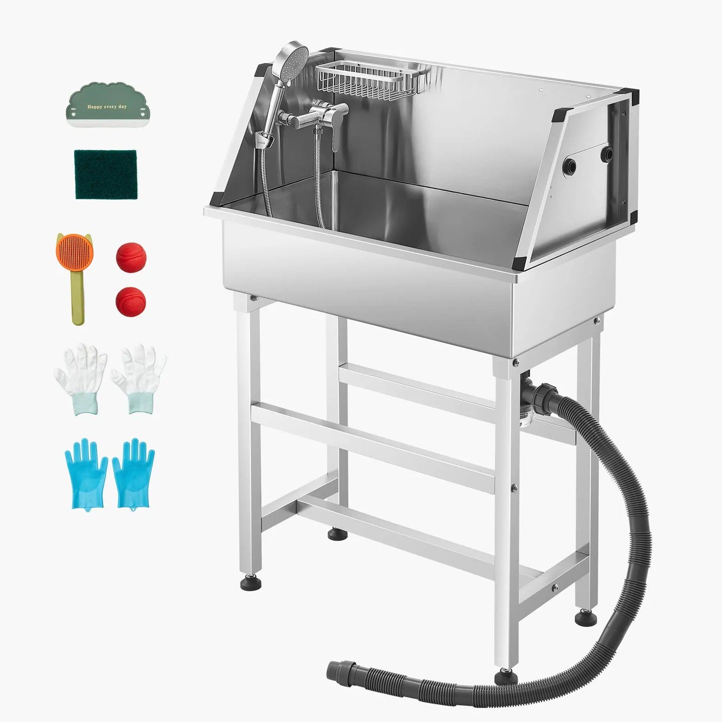 86.4 cm Stainless Steel Dog Washing Station, Pet Grooming Tub with Hot & Cold Faucet, Showerhead, Storage Rack, No-Bend All-in-One Bathtub, Home Wash Sink, Fits Small Cats and Dogs
